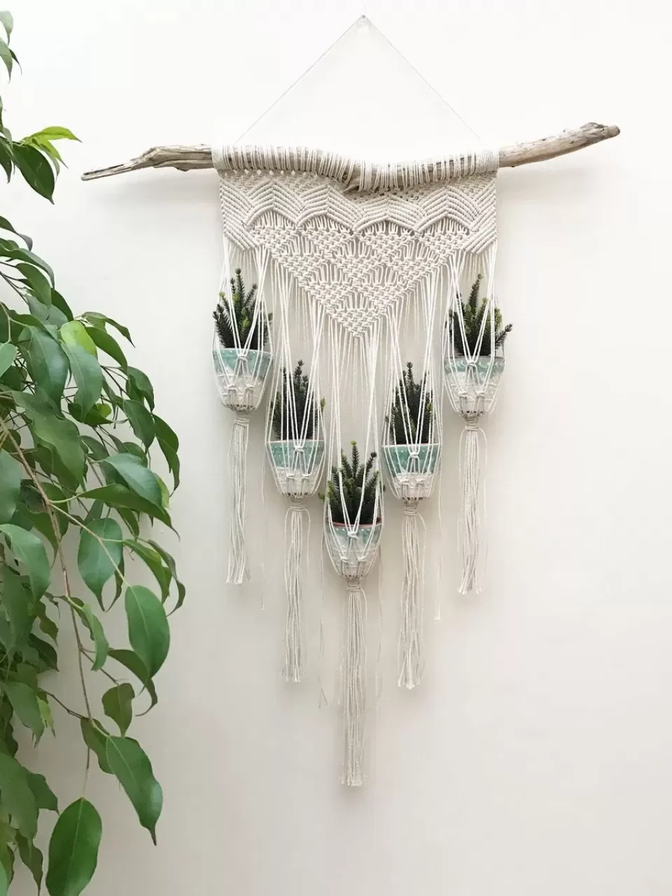 beşli beyaz makrame saksılık