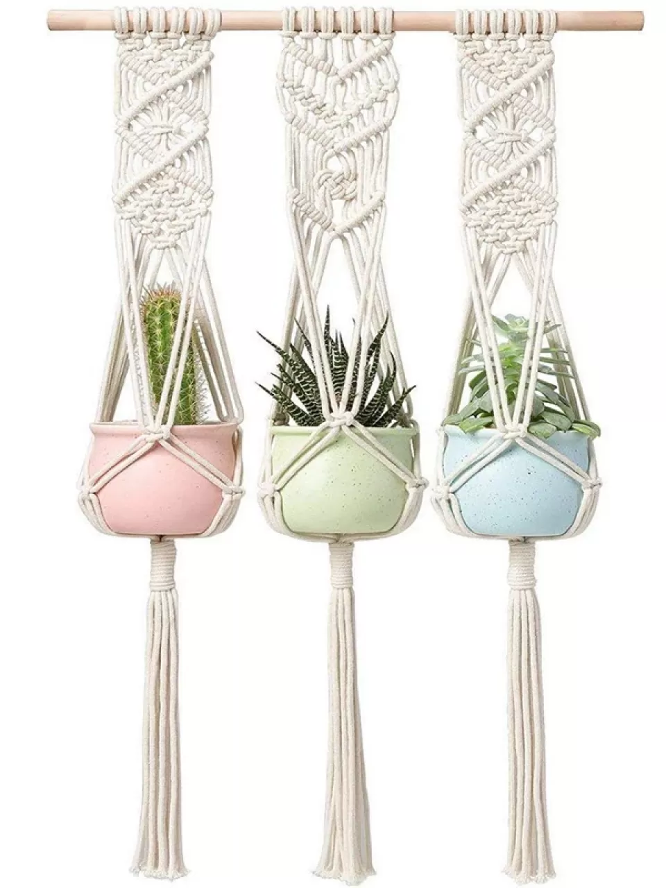 üçlü makrame bitki askısı.