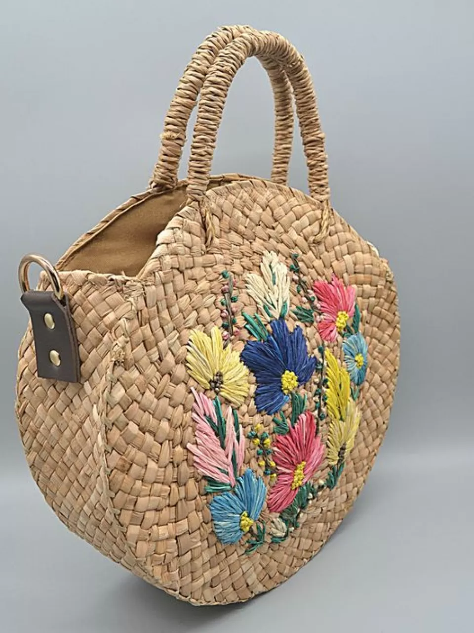 Renkli Çiçek İşlemeli Hasır Çanta