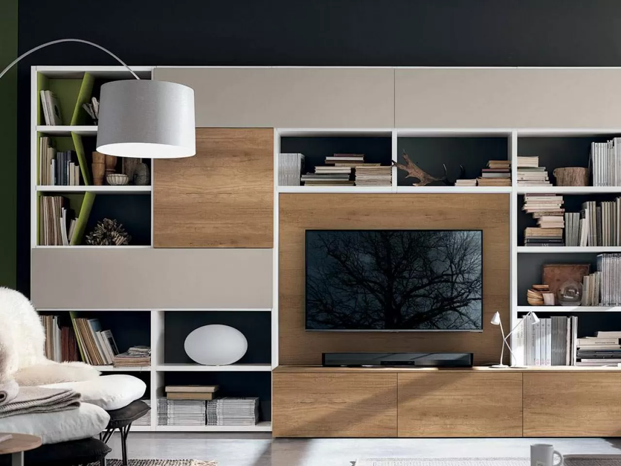 Beyaz-Ahşap Kitaplıklı TV Ünitesi