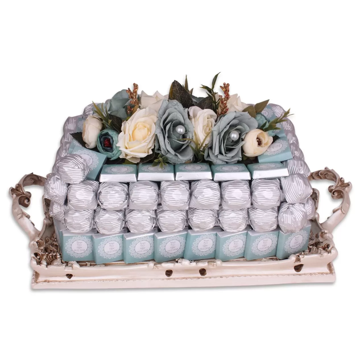 Mavi Çiçekli Nişan Çikolatası