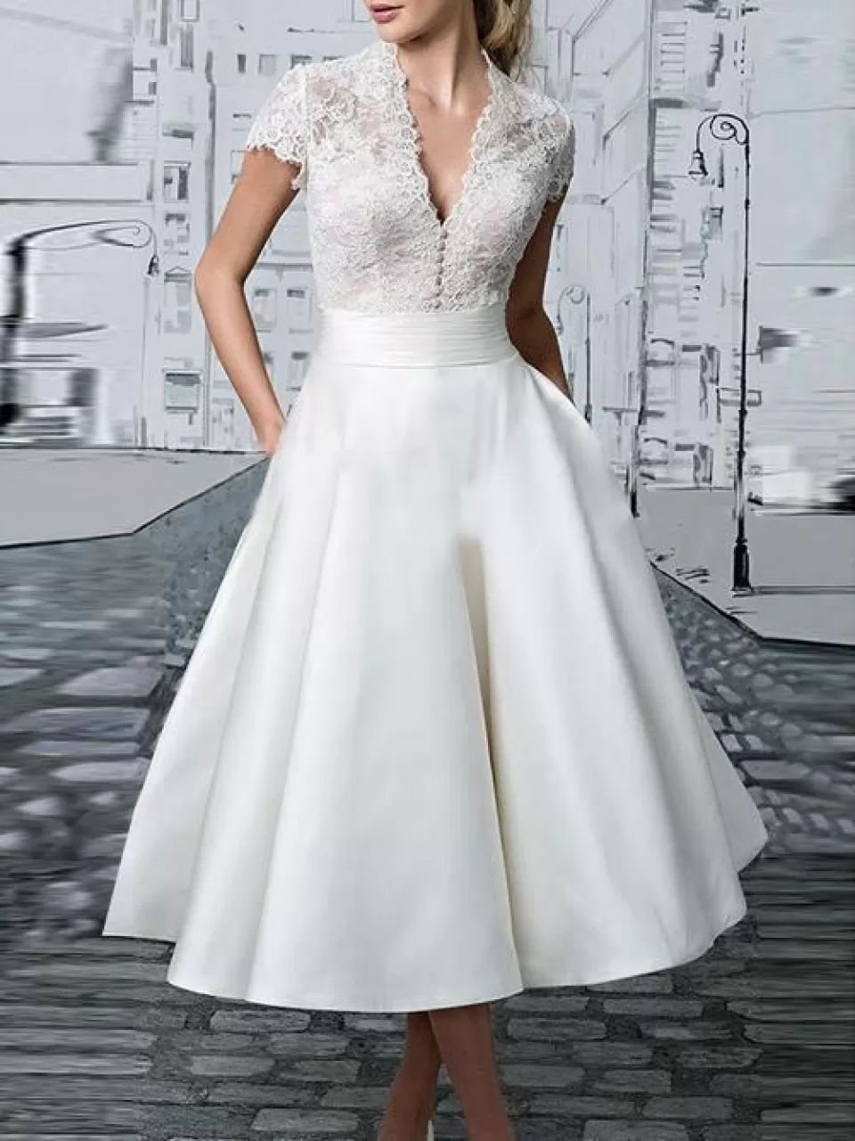 Volanlı Midi Etekli Nikah Elbisesi