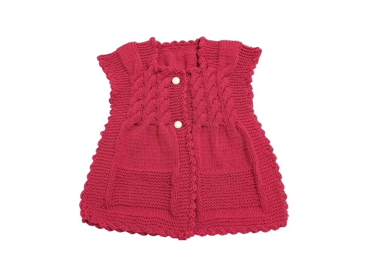 Kırmızı, İki Düğmeli Kız Bebek Örgü Yelek