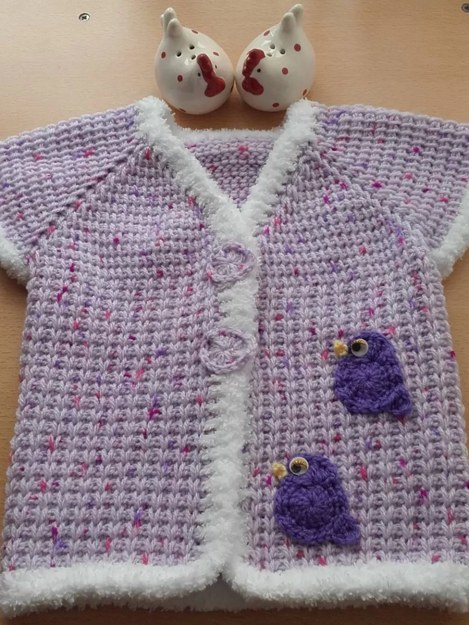 Mor, Kuşlu Kız Bebek Örgü Yelek