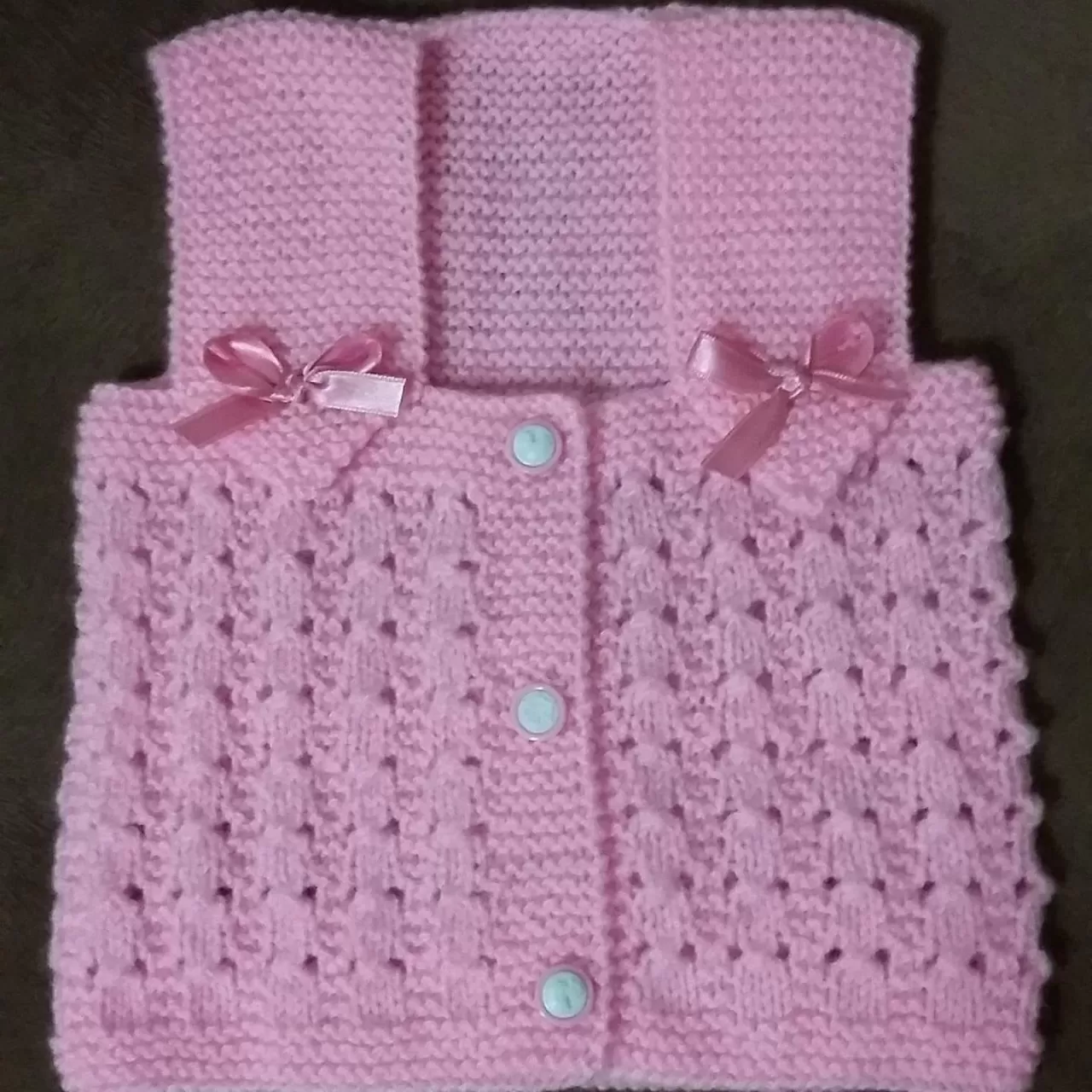 Açık Pembe, Kurdeleli Kız Bebek Örgü Yelek