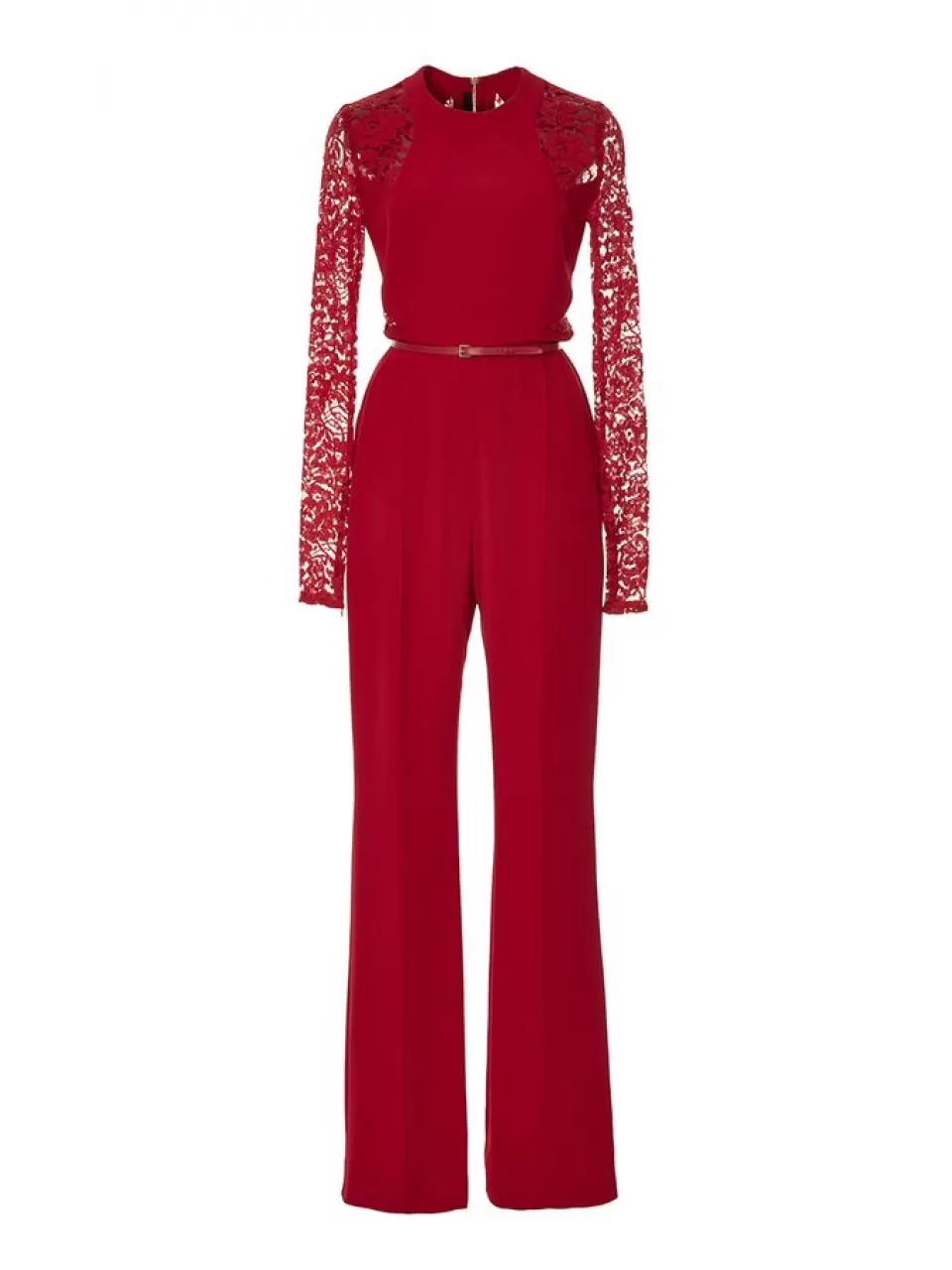 Kırmızı, Uzun Dantel Kol Abiye Tulum